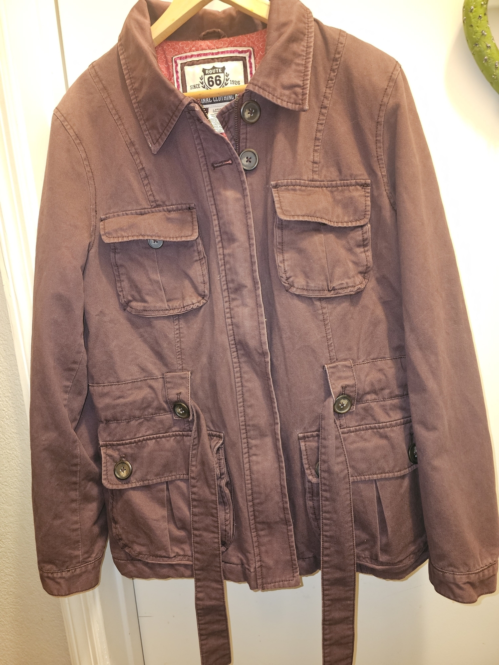 Vintage Route 66 Y2K Chocolate Brown Utility Cargo Field Jacket Size Large
